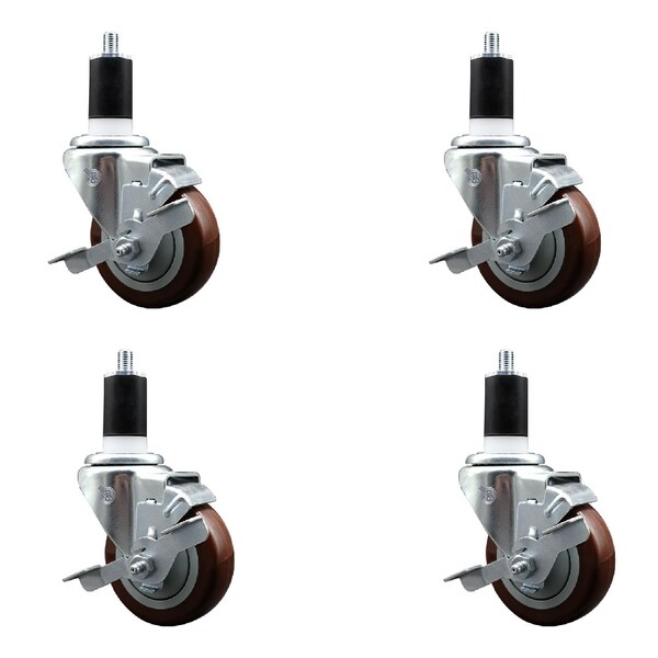 Service Caster 3.5'' SS Maroon Poly Swivel 1-1/2'' Expanding Stem Caster Set with Brake, 4PK SCC-SSEX20S3514-PPUB-MRN-TLB-112-4 - main